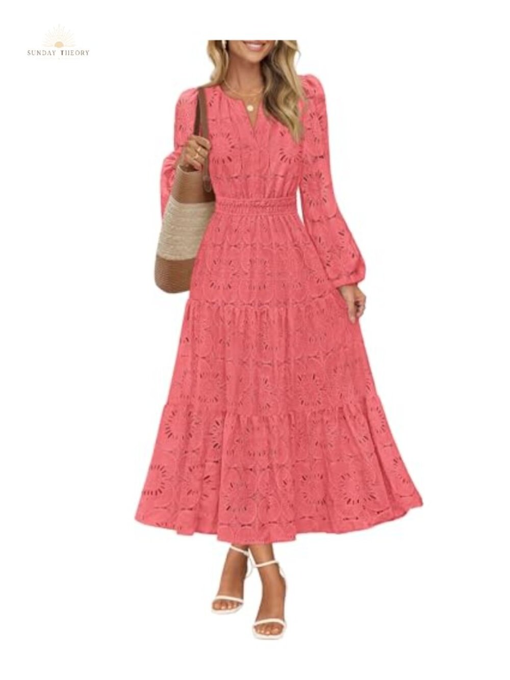 Women's Long Sleeve Lace Eyelet Floral Maxi Dress